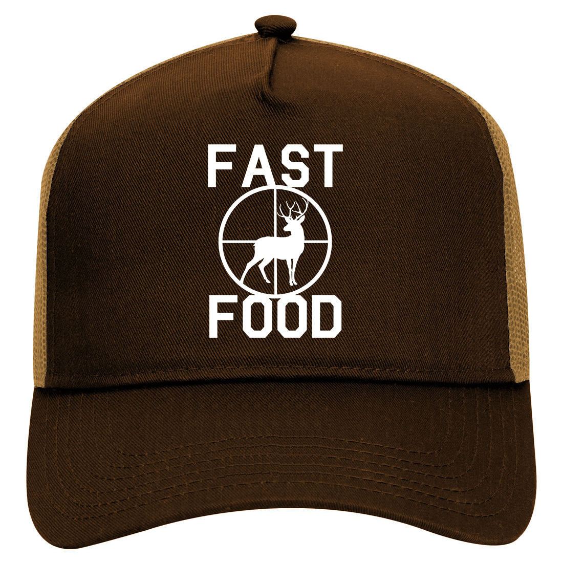 Fast Food Deer Hunting Mens Mesh Trucker Hat Brown