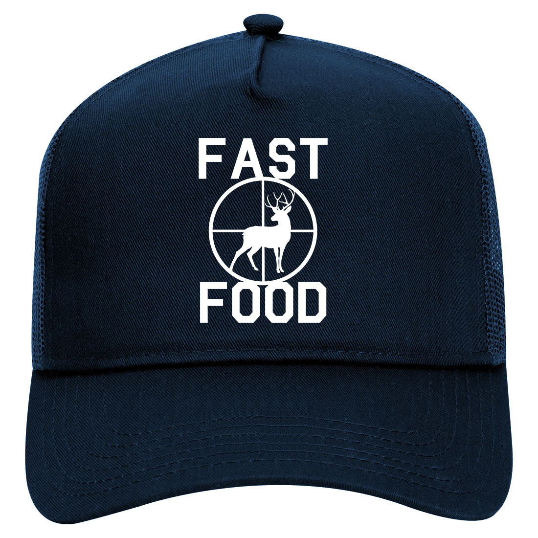 Fast Food Deer Hunting Mens Mesh Trucker Hat Navy Blue