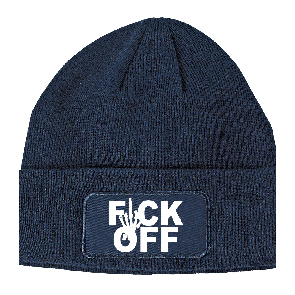Fck Off Skeleton Hand Middle Finger Winter Knit Adult Beanie Hat Navy Blue