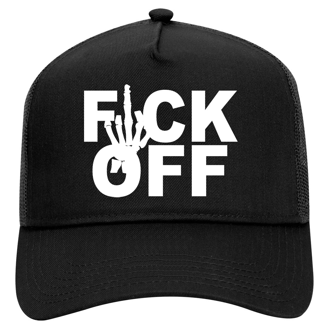 Fck Off Skeleton Hand Middle Finger Mens Mesh Trucker Hat Black