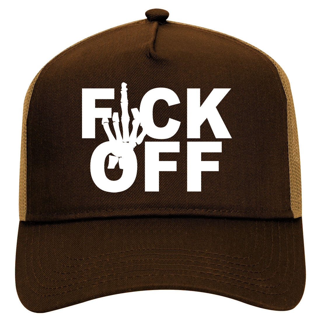 Fck Off Skeleton Hand Middle Finger Mens Mesh Trucker Hat Brown