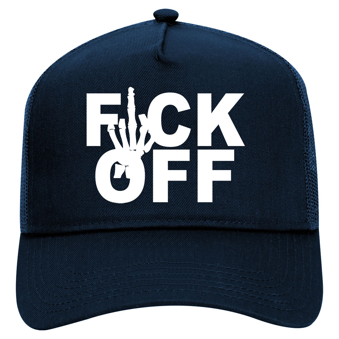 Fck Off Skeleton Hand Middle Finger Mens Mesh Trucker Hat Navy Blue