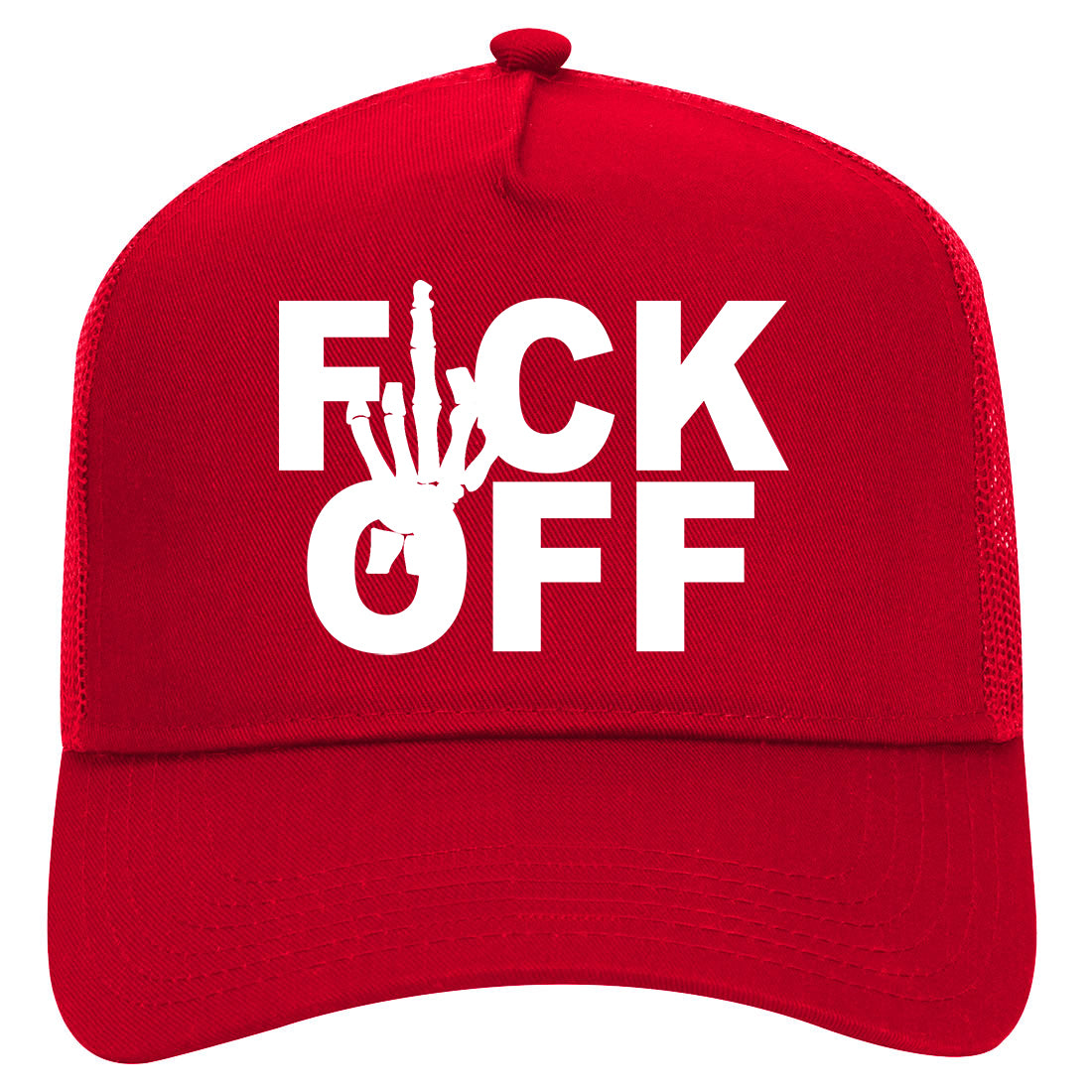 Fck Off Skeleton Hand Middle Finger Mens Mesh Trucker Hat Red