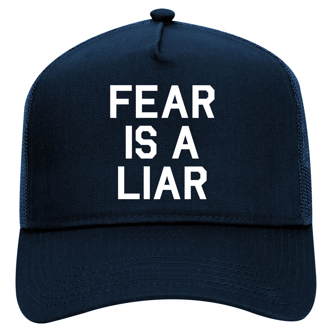 Fear Is A Liar Motivational Mens Mesh Trucker Hat Navy Blue