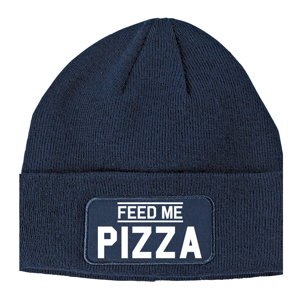 Feed Me Pizza Winter Knit Adult Beanie Hat Navy Blue