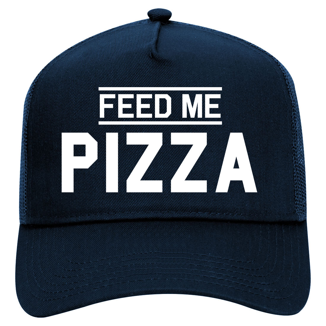 Feed Me Pizza Mens Mesh Trucker Hat Navy Blue