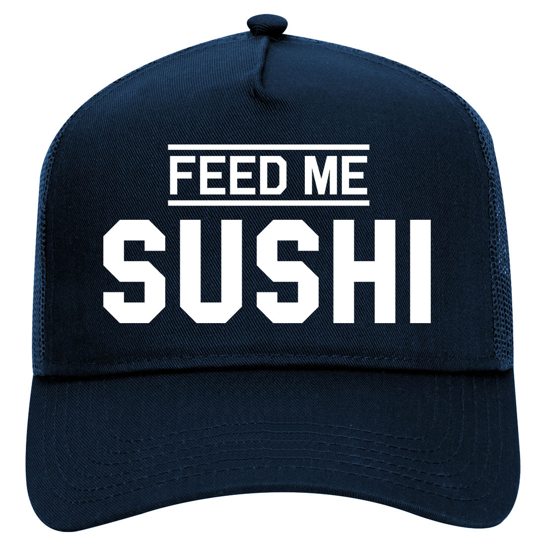 Feed Me Sushi Mens Mesh Trucker Hat Navy Blue