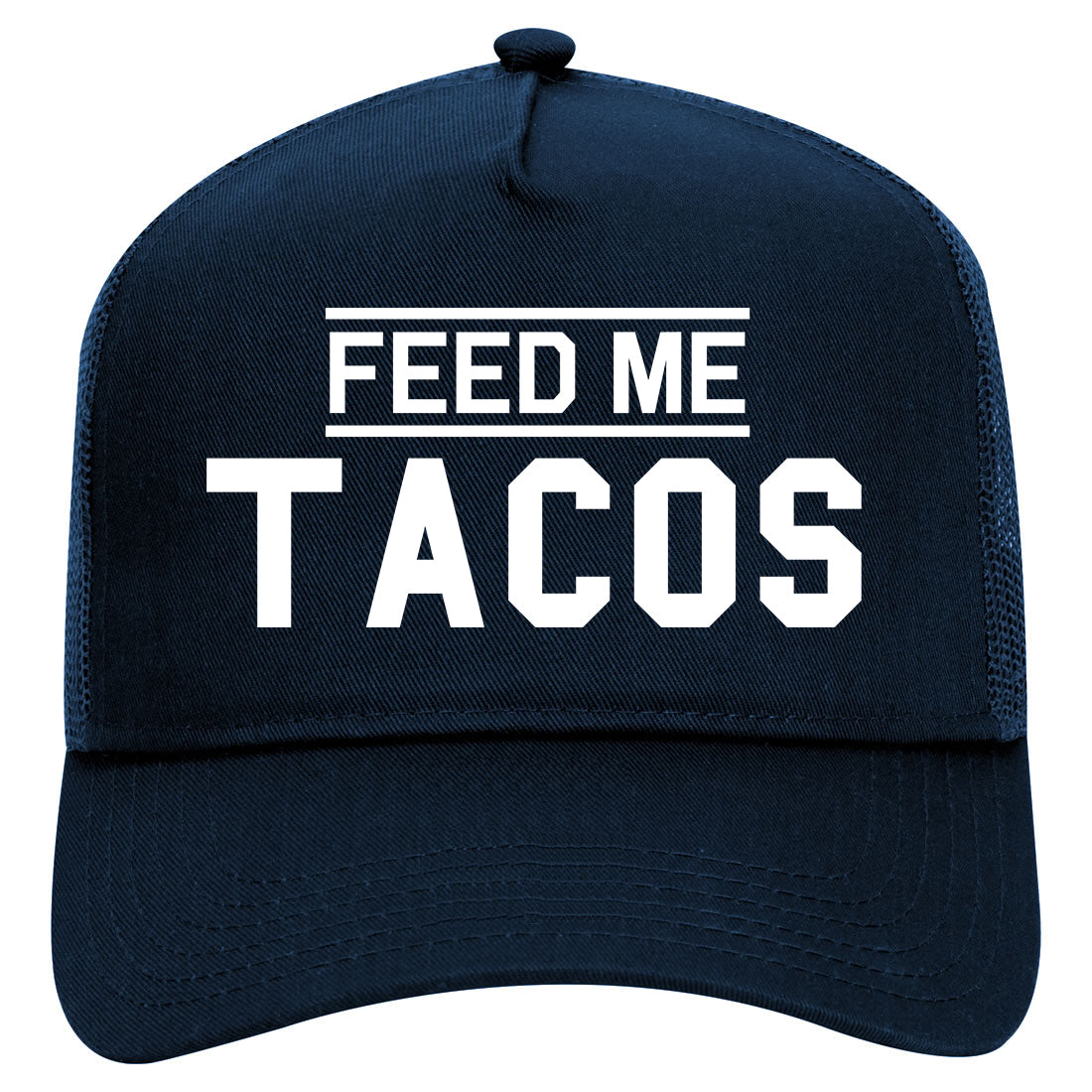 Feed Me Tacos Mens Mesh Trucker Hat Navy Blue