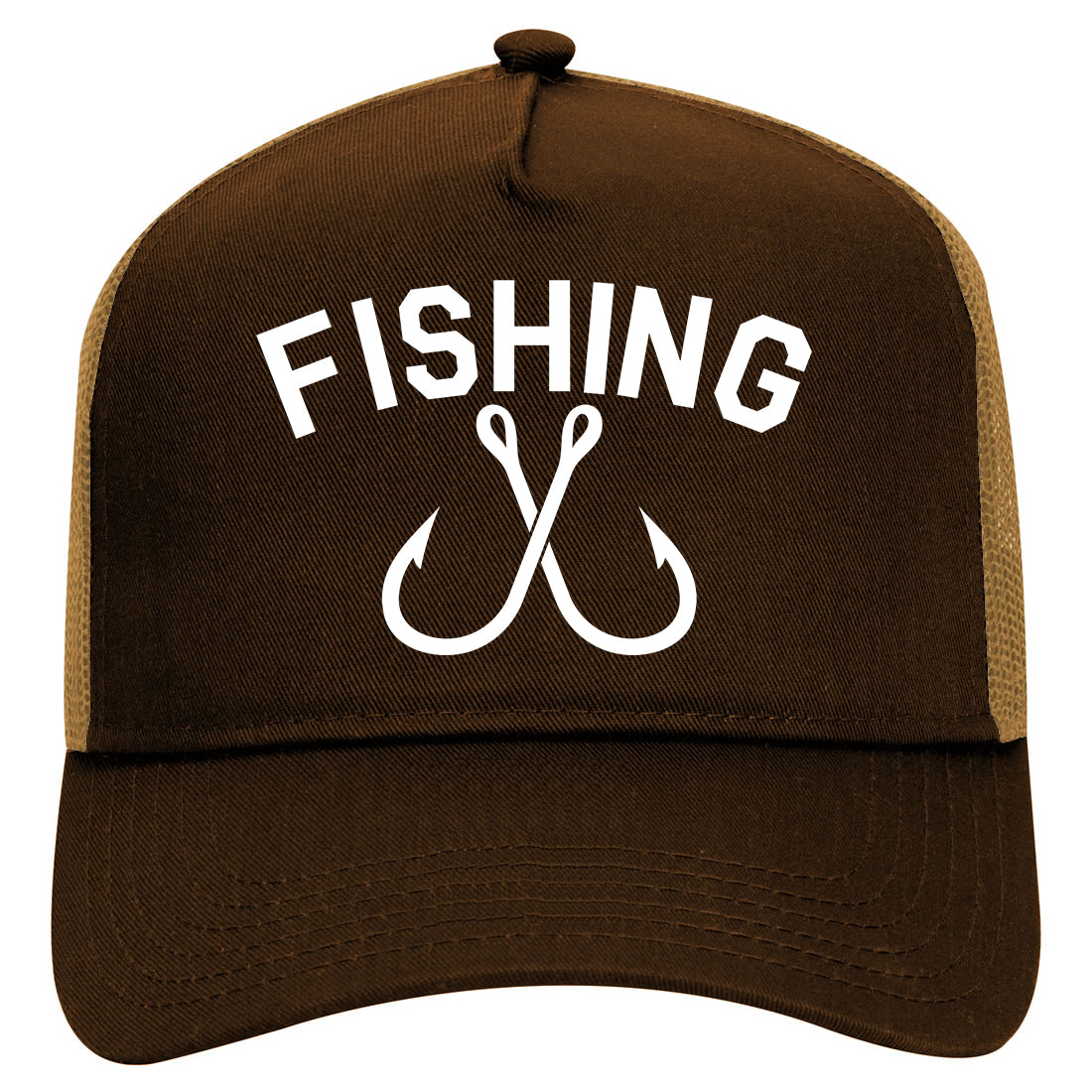 Fishing Hook Logo Mens Mesh Trucker Hat Brown