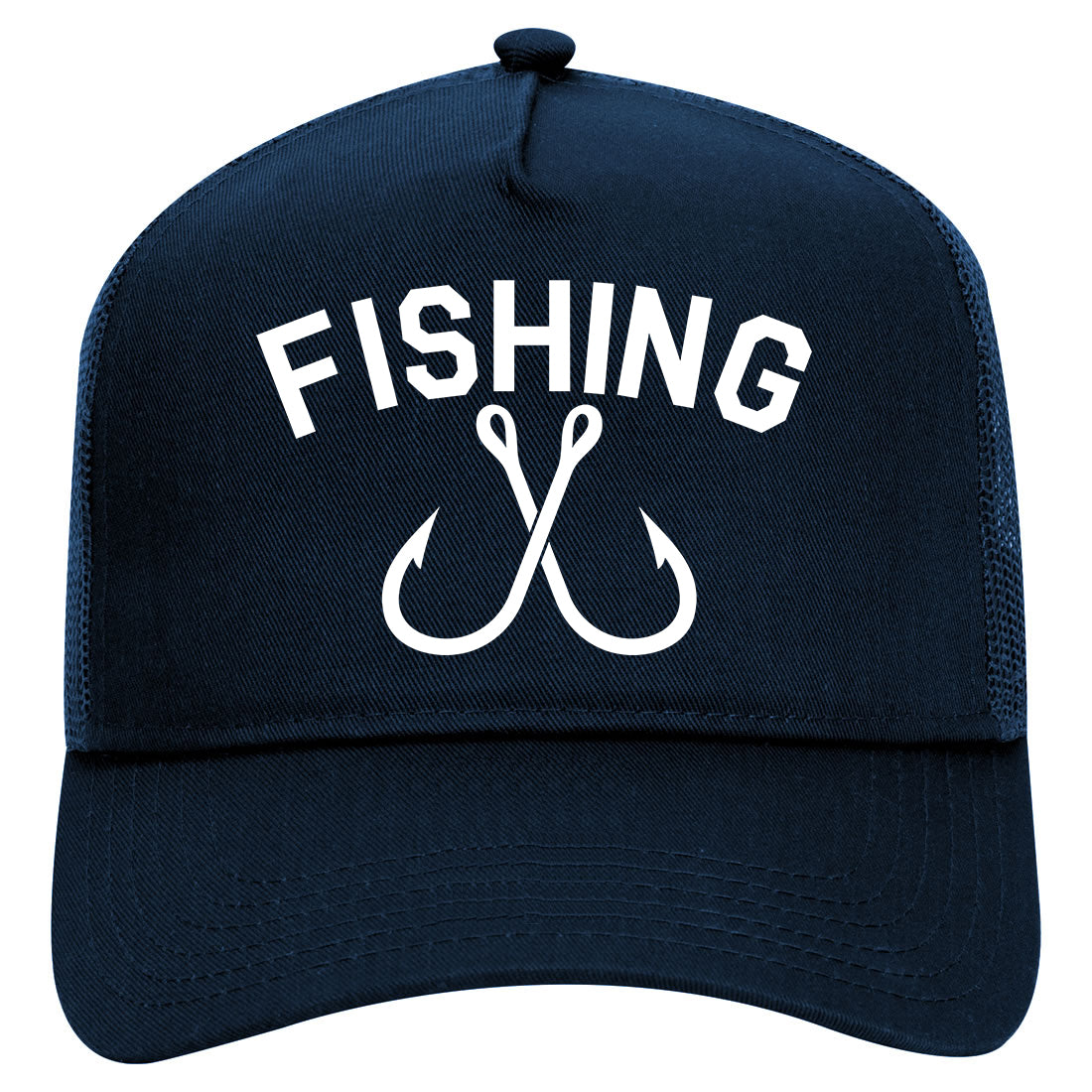 Fishing Hook Logo Mens Mesh Trucker Hat Navy Blue
