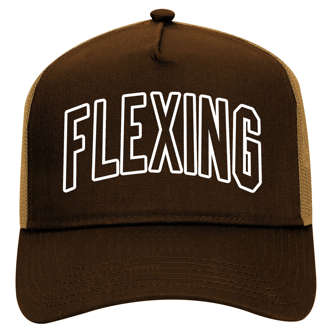 Flexing Outline Mens Mesh Trucker Hat Brown