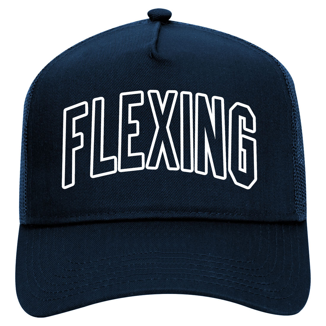 Flexing Outline Mens Mesh Trucker Hat Navy Blue