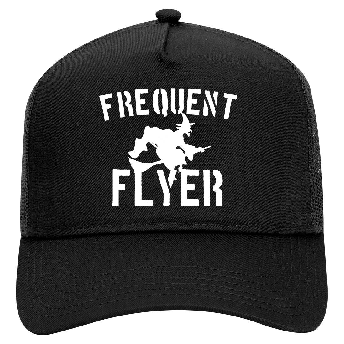 Frequent Flyer Witch Funny Halloween Mens Mesh Trucker Hat Black