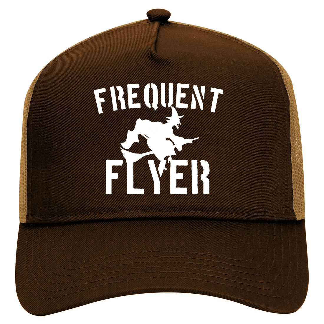 Frequent Flyer Witch Funny Halloween Mens Mesh Trucker Hat Brown