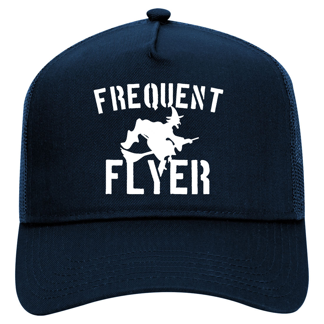 Frequent Flyer Witch Funny Halloween Mens Mesh Trucker Hat Navy Blue