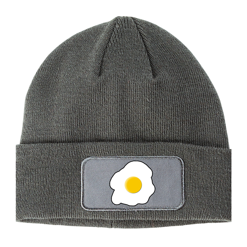 Fried Egg Breakfast Winter Knit Adult Beanie Hat Grey