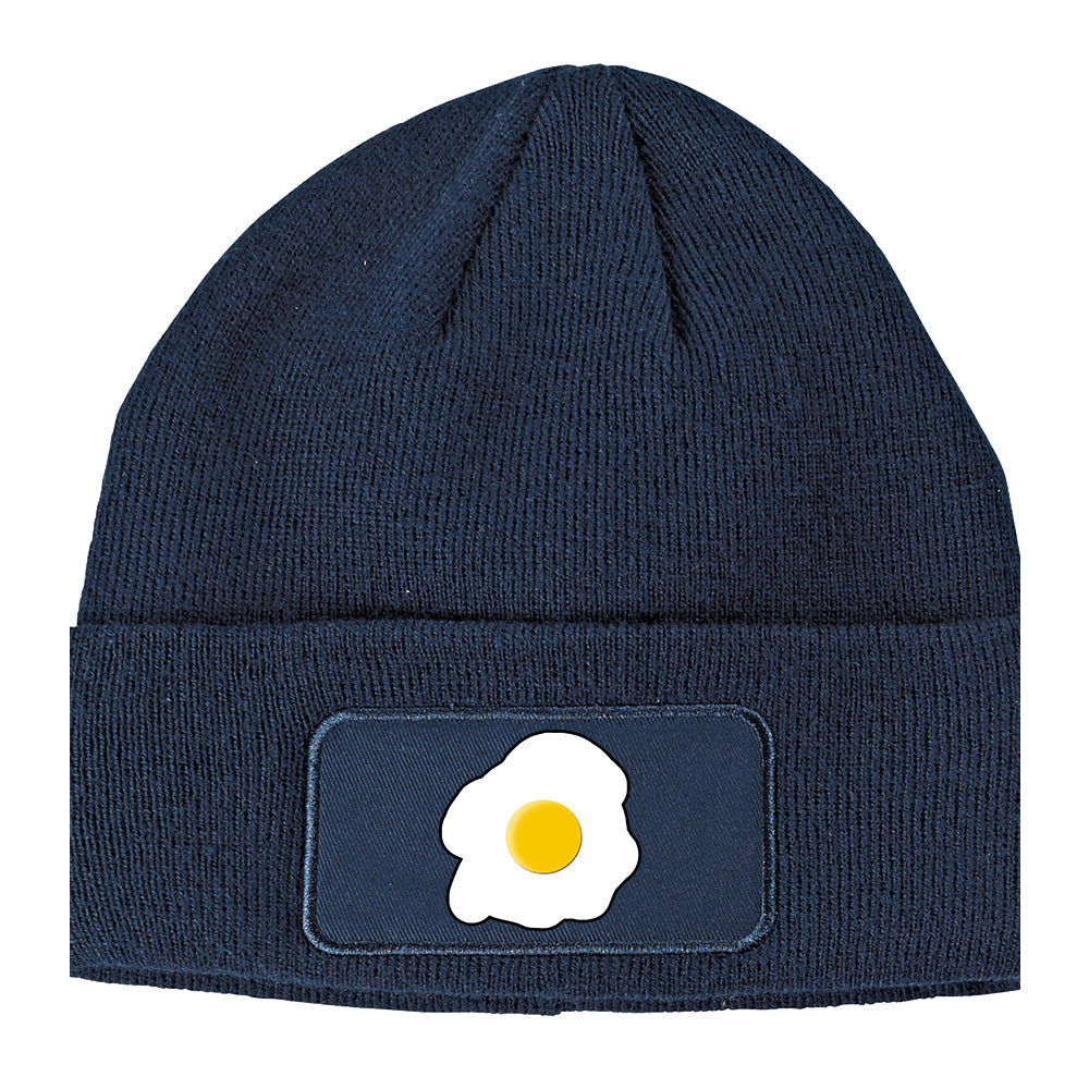 Fried Egg Breakfast Winter Knit Adult Beanie Hat Navy Blue