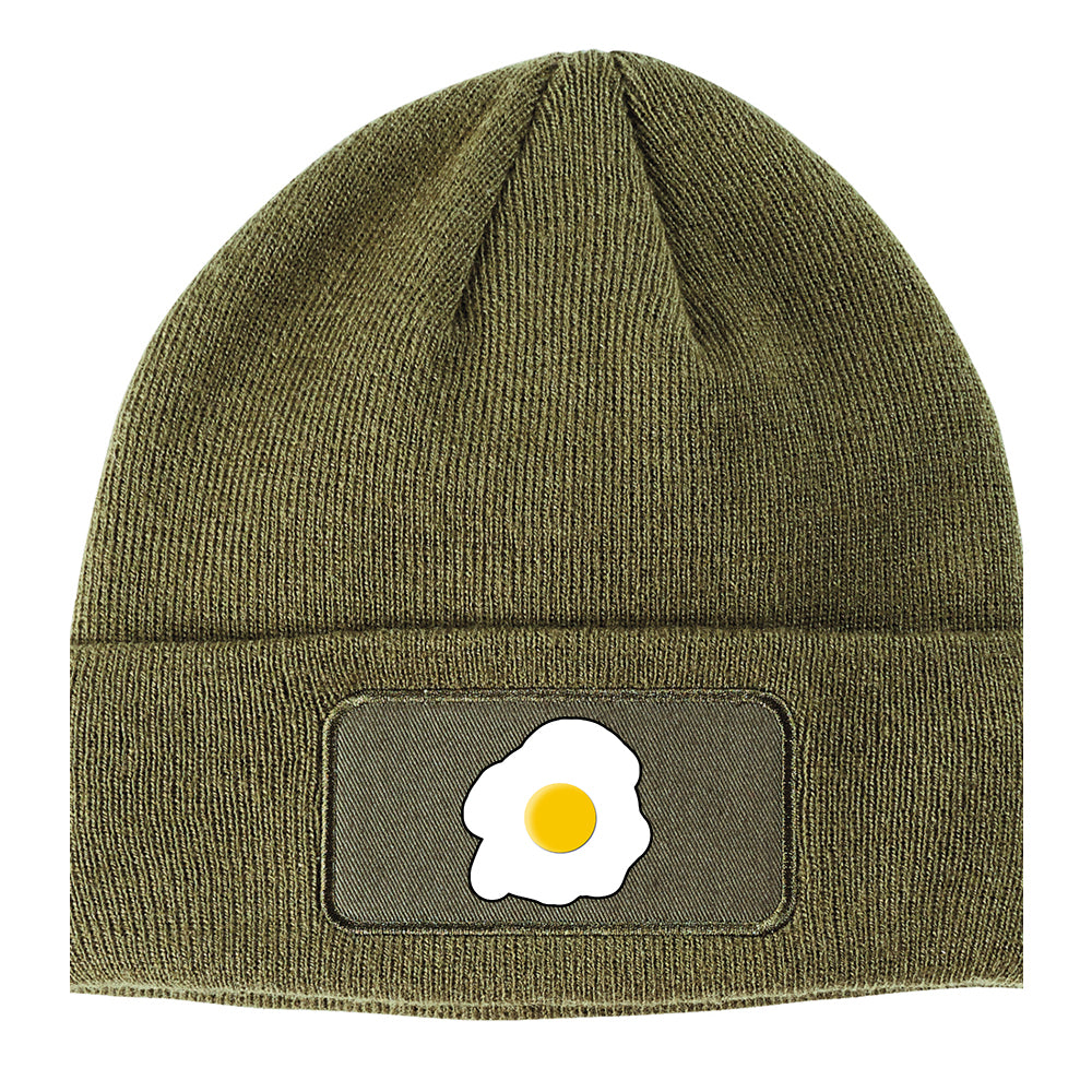 Fried Egg Breakfast Winter Knit Adult Beanie Hat Olive Green