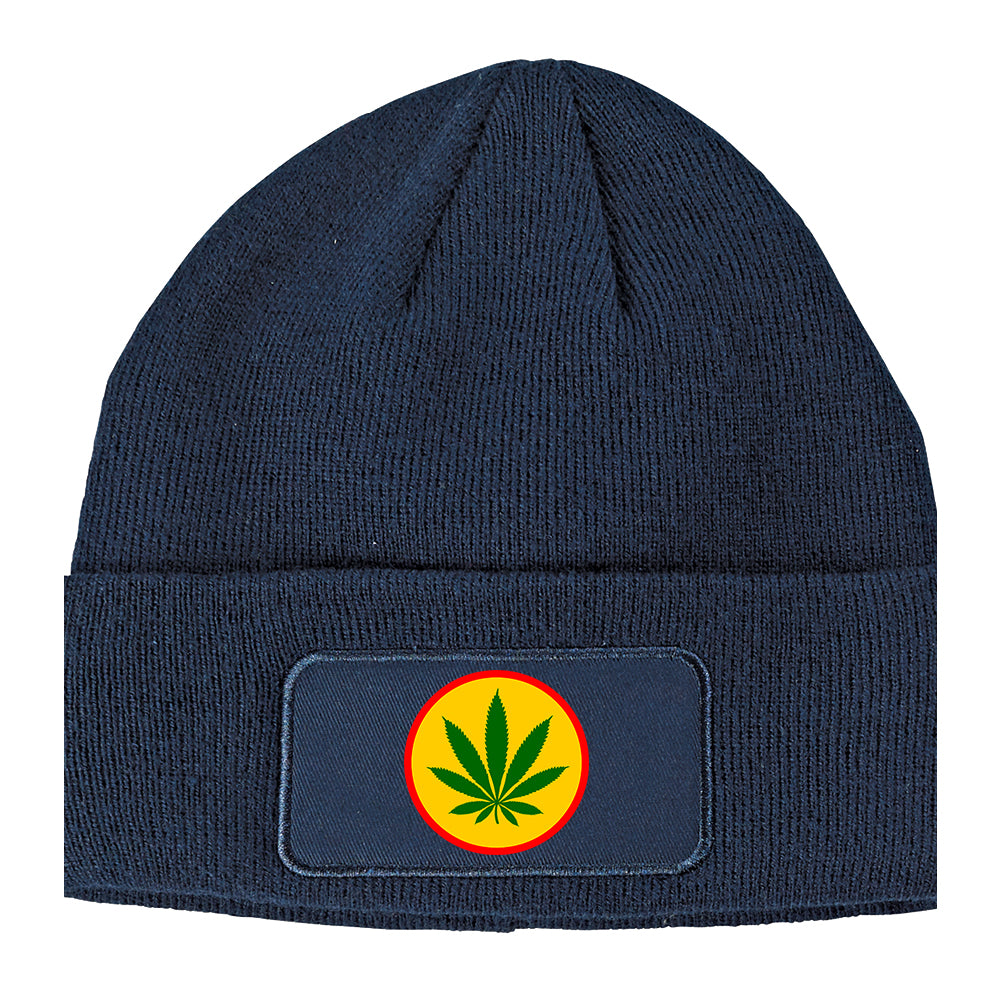 Ganja Green Weed Leaf Winter Knit Adult Beanie Hat Navy Blue