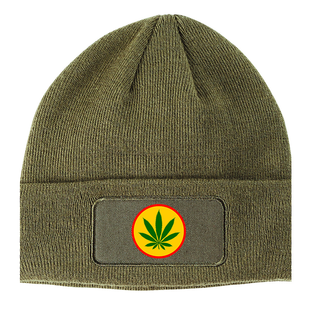 Ganja Green Weed Leaf Winter Knit Adult Beanie Hat Olive Green