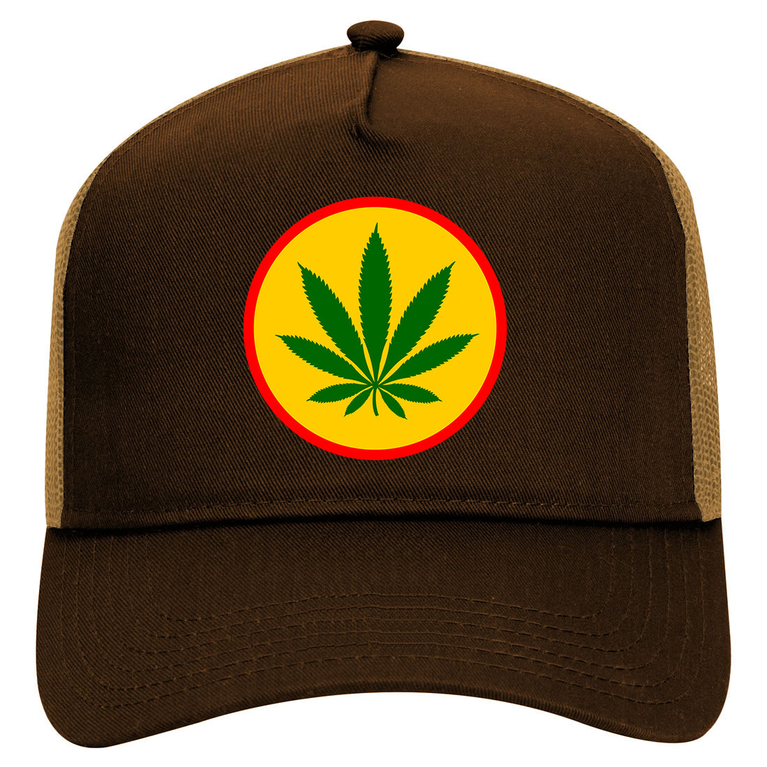 Ganja Green Weed Leaf Mens Mesh Trucker Hat Brown