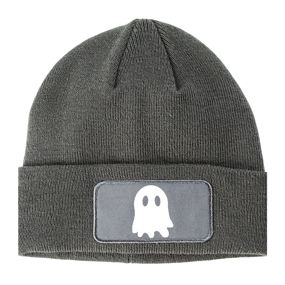 Ghost Halloween Winter Knit Adult Beanie Hat Grey
