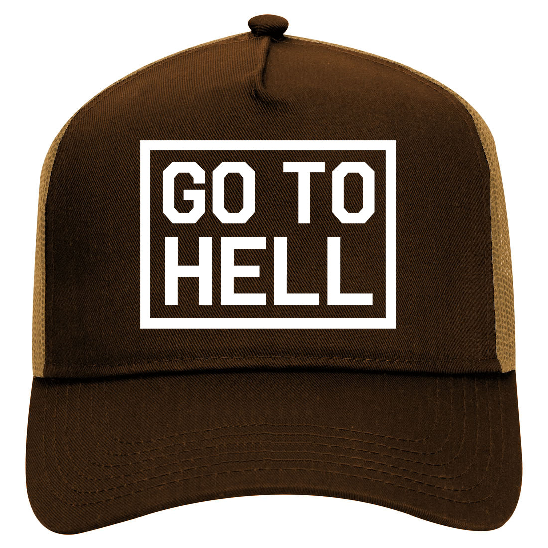 Go To Hell Mens Mesh Trucker Hat Brown