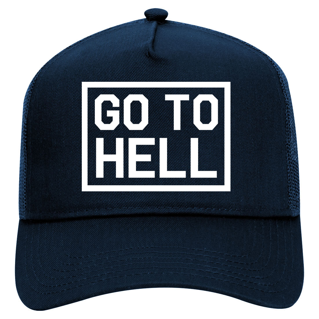 Go To Hell Mens Mesh Trucker Hat Navy Blue