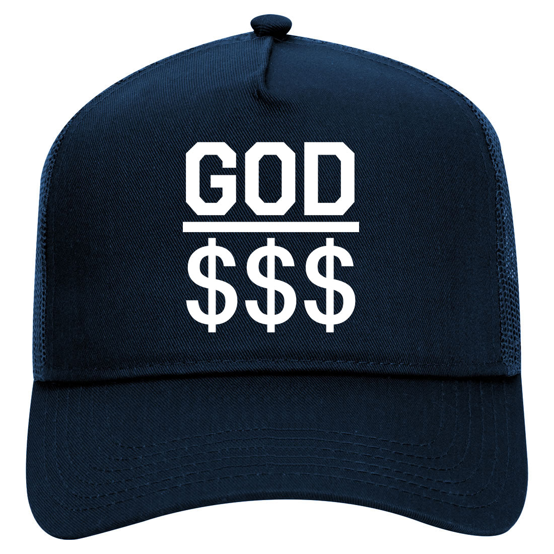 God Over Money Mens Mesh Trucker Hat Navy Blue