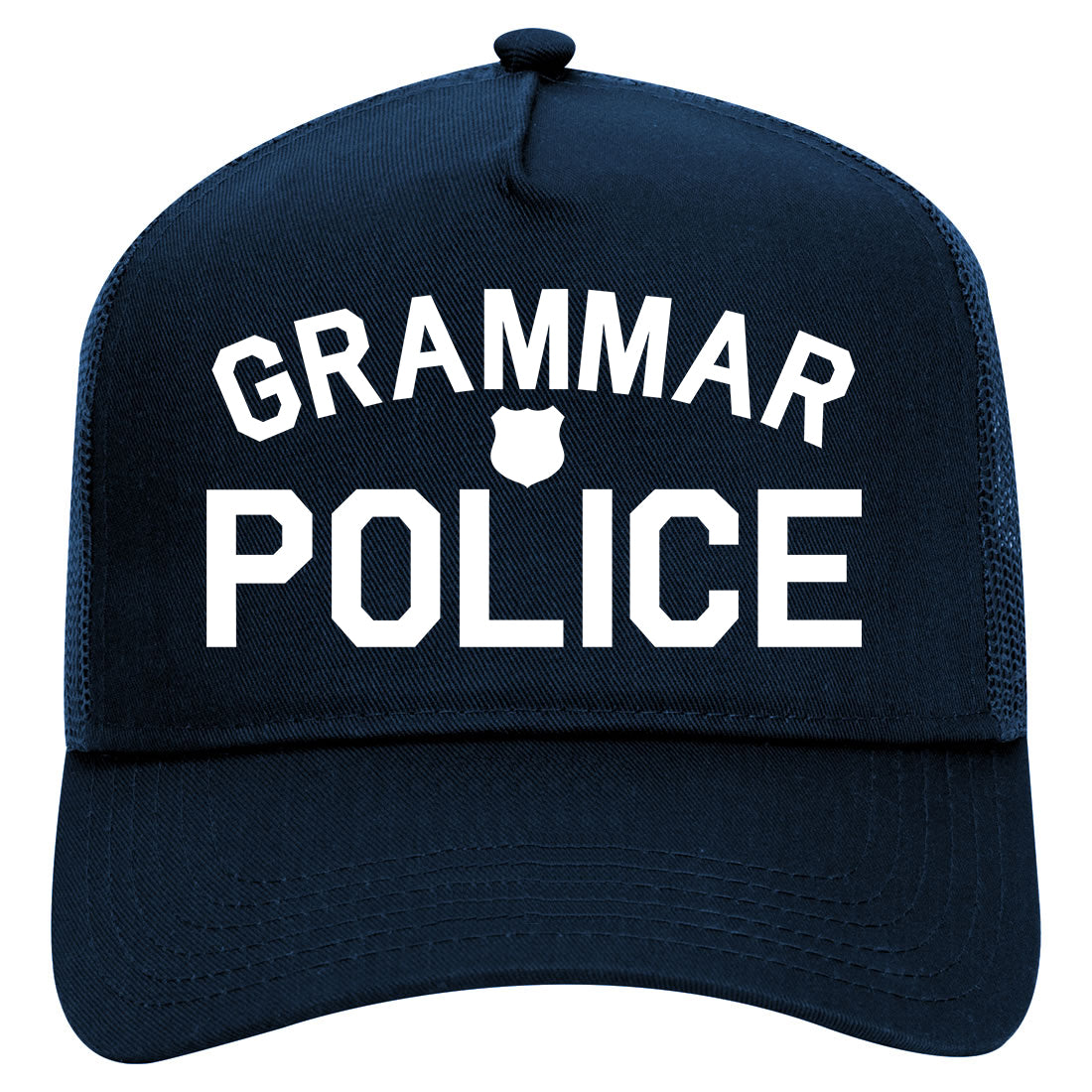 Grammar Police Gag Mens Mesh Trucker Hat Navy Blue
