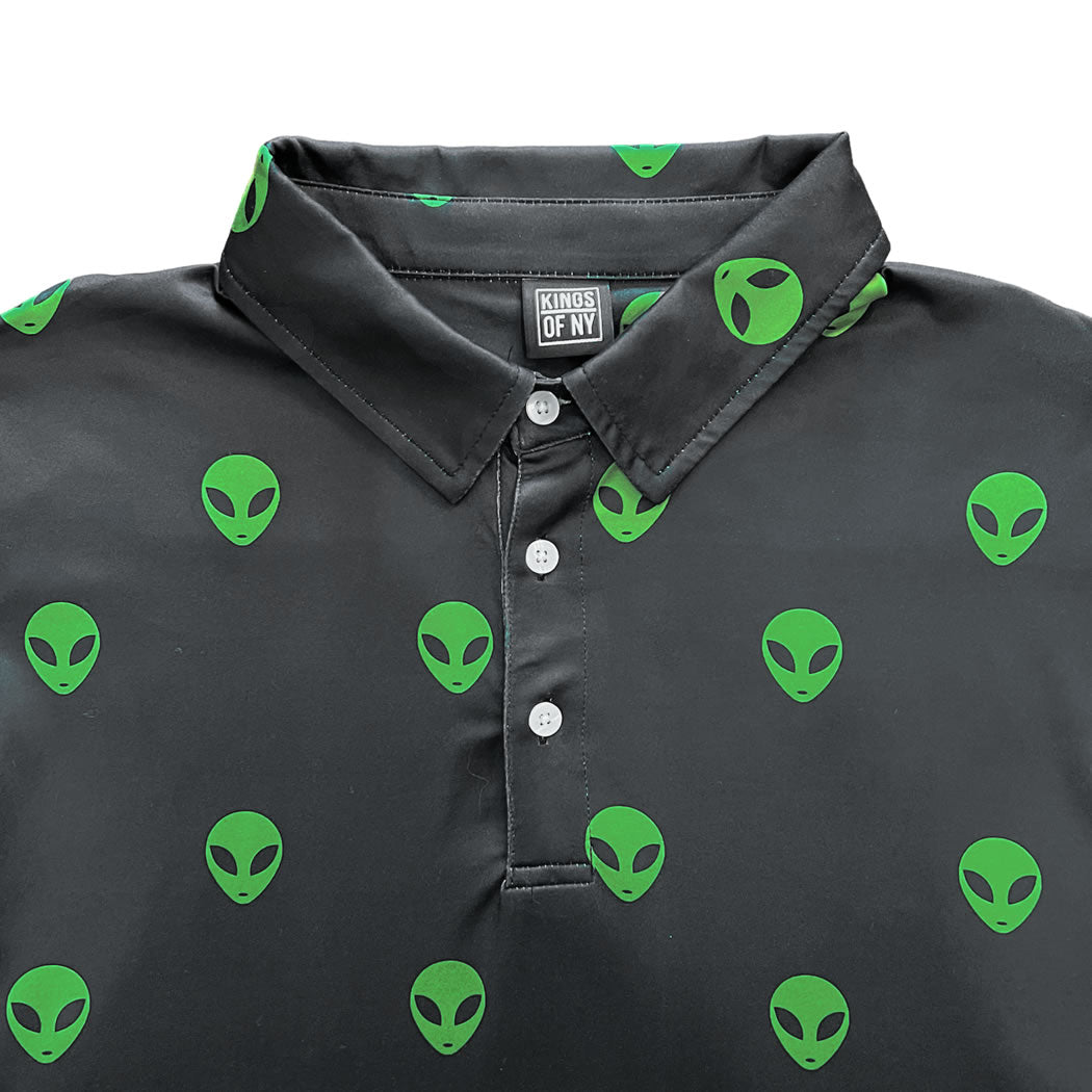 Green Alien Head Men's Polo Golf Shirt Brand Label