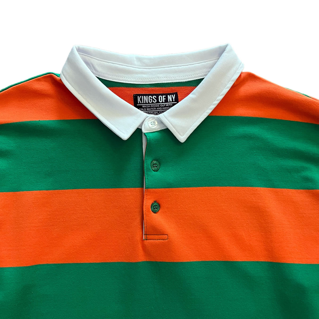 Green and Orange Striped Mens Rugby Shirt Brand Label