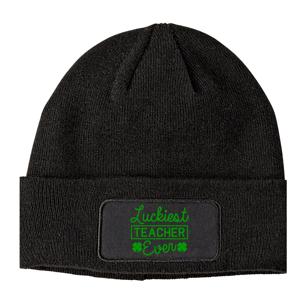 Green Luckiest Teacher Ever St Patricks Day Winter Knit Adult Beanie Hat Black
