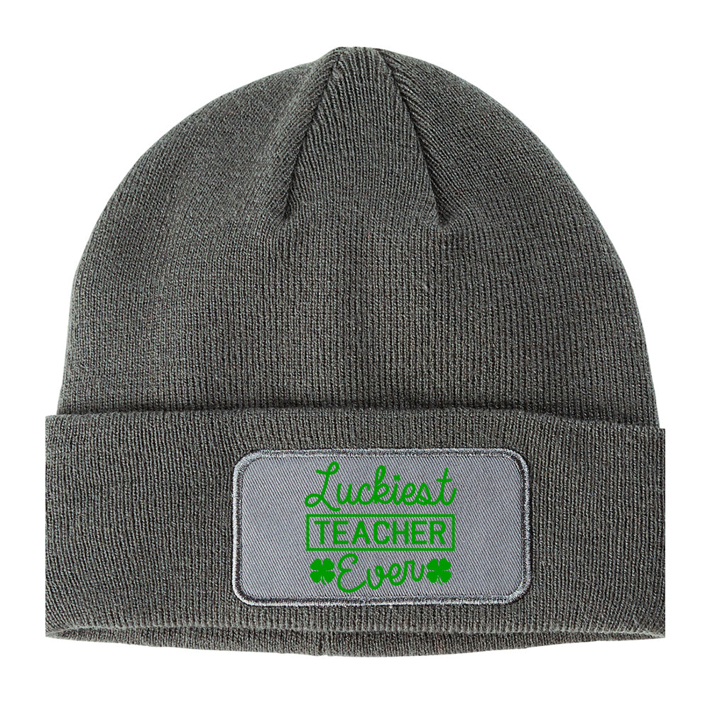 Green Luckiest Teacher Ever St Patricks Day Winter Knit Adult Beanie Hat Grey
