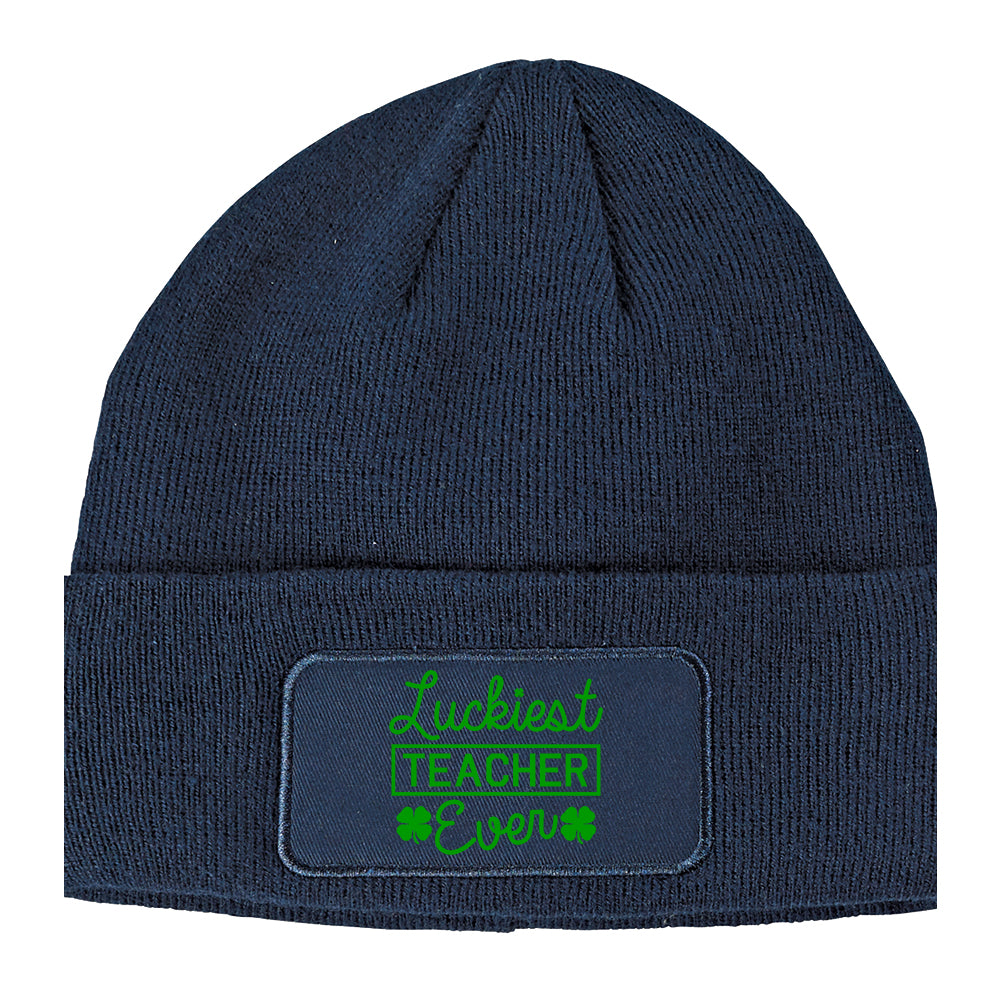 Green Luckiest Teacher Ever St Patricks Day Winter Knit Adult Beanie Hat Navy Blue