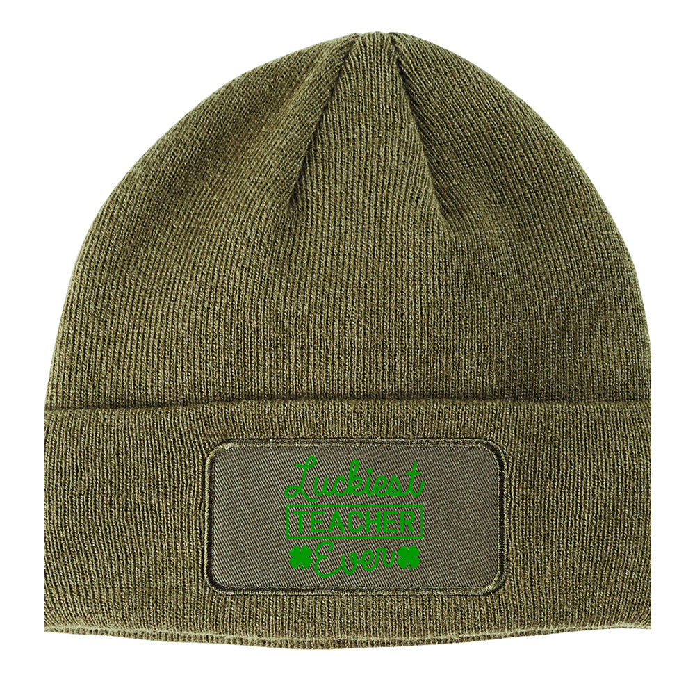 Green Luckiest Teacher Ever St Patricks Day Winter Knit Adult Beanie Hat Olive Green