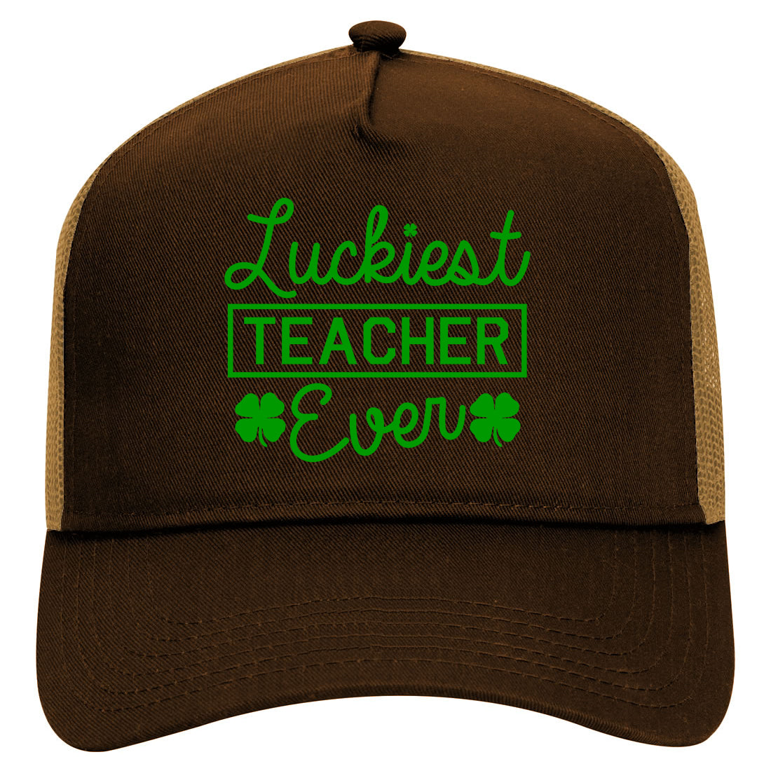 Green Luckiest Teacher Ever St Patricks Day Mens Mesh Trucker Hat Brown