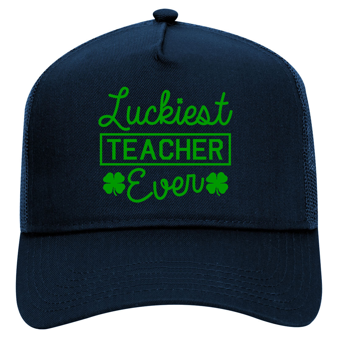 Green Luckiest Teacher Ever St Patricks Day Mens Mesh Trucker Hat Navy Blue