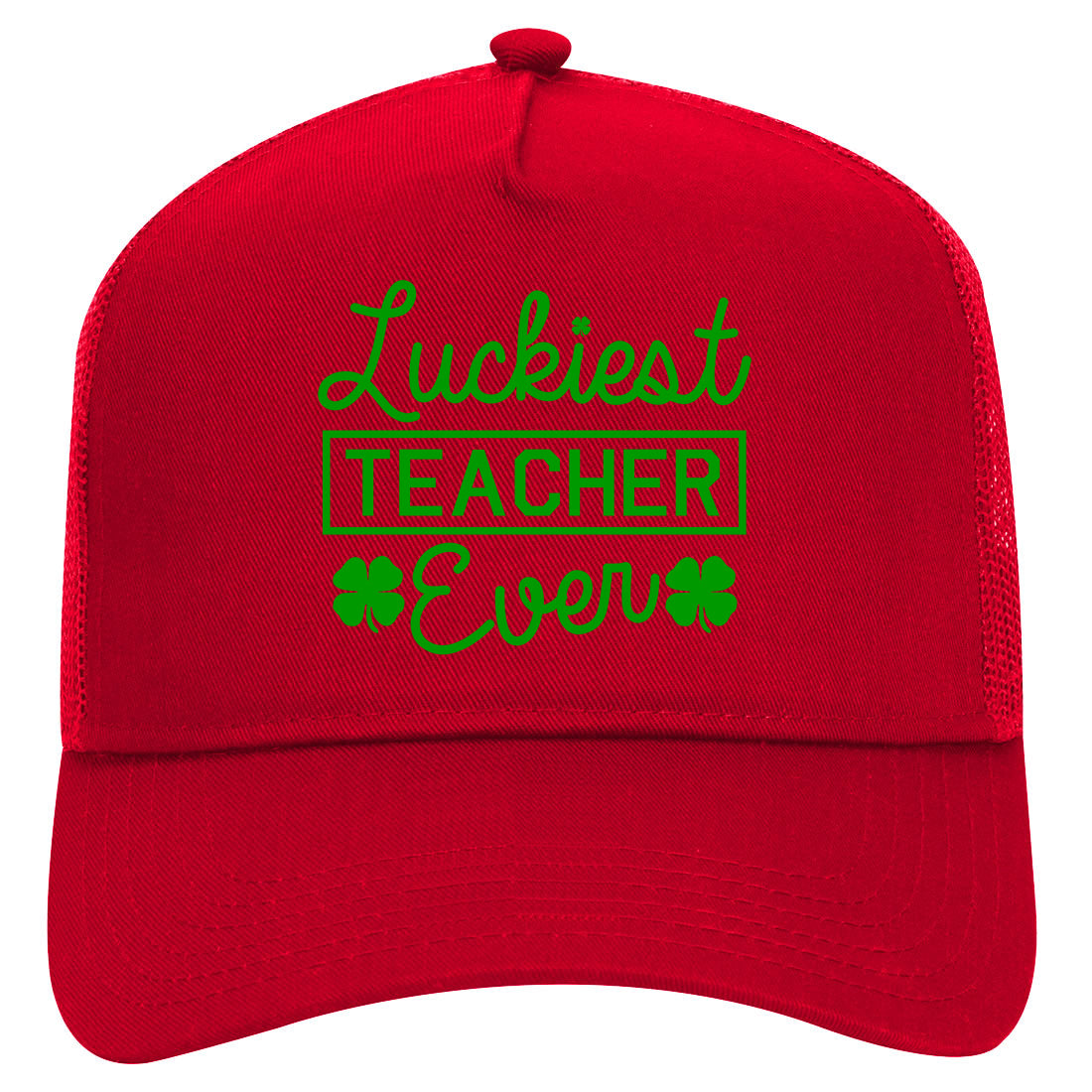Green Luckiest Teacher Ever St Patricks Day Mens Mesh Trucker Hat Red