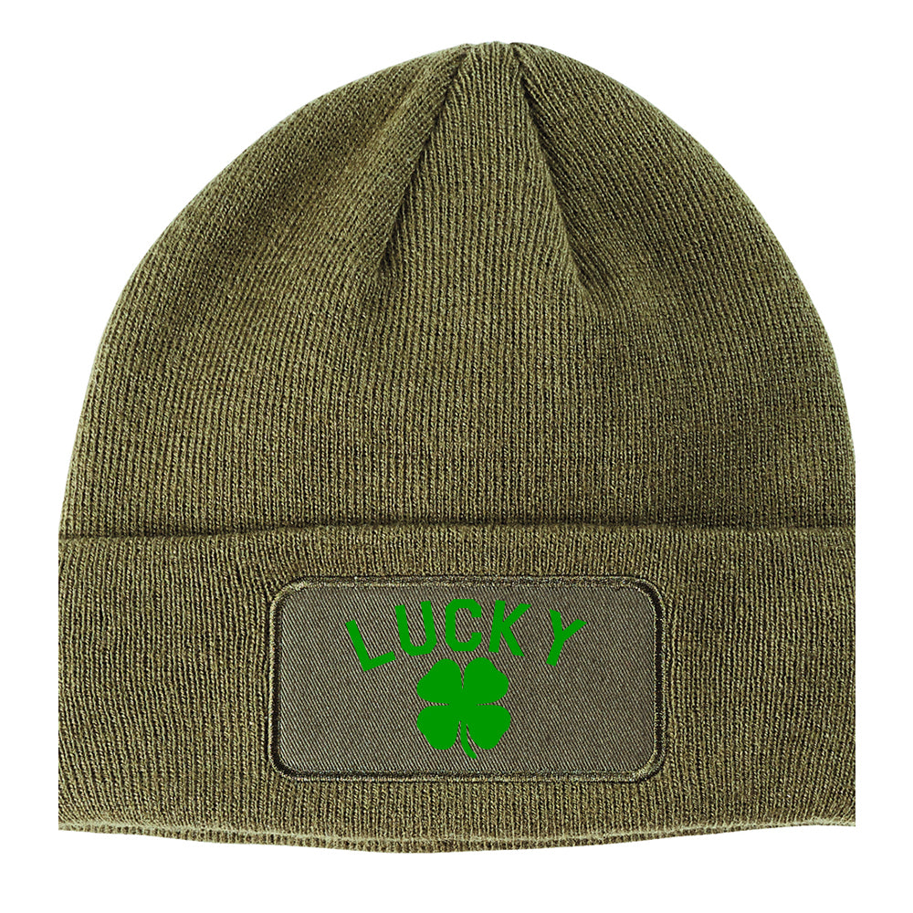 Green Lucky Clover St Patricks Day Winter Knit Adult Beanie Hat Olive Green