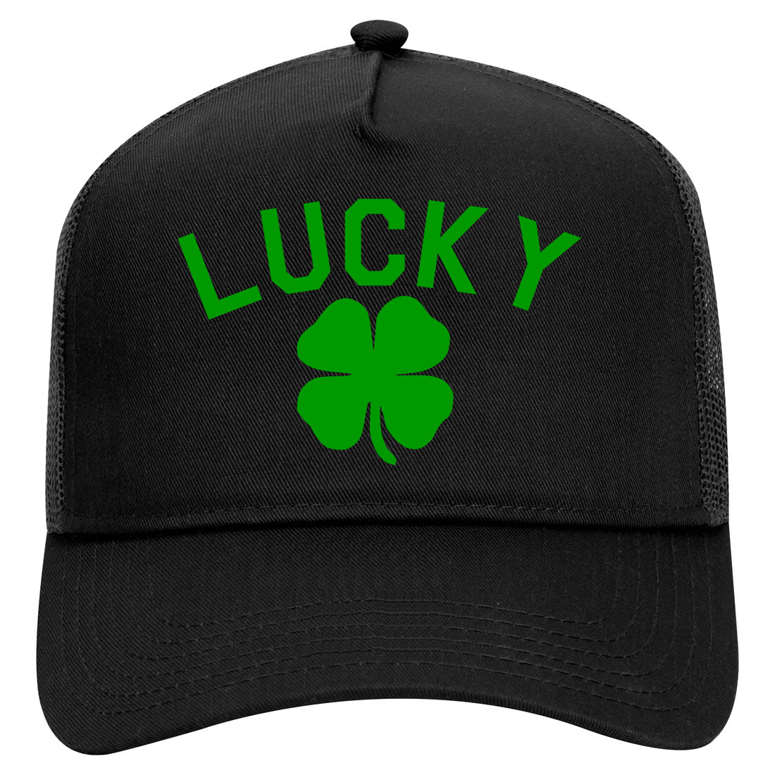 Green Lucky Clover St Patricks Day Mens Mesh Trucker Hat Black