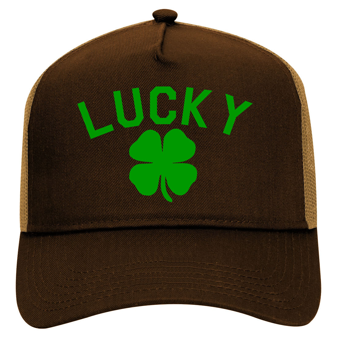Green Lucky Clover St Patricks Day Mens Mesh Trucker Hat Brown