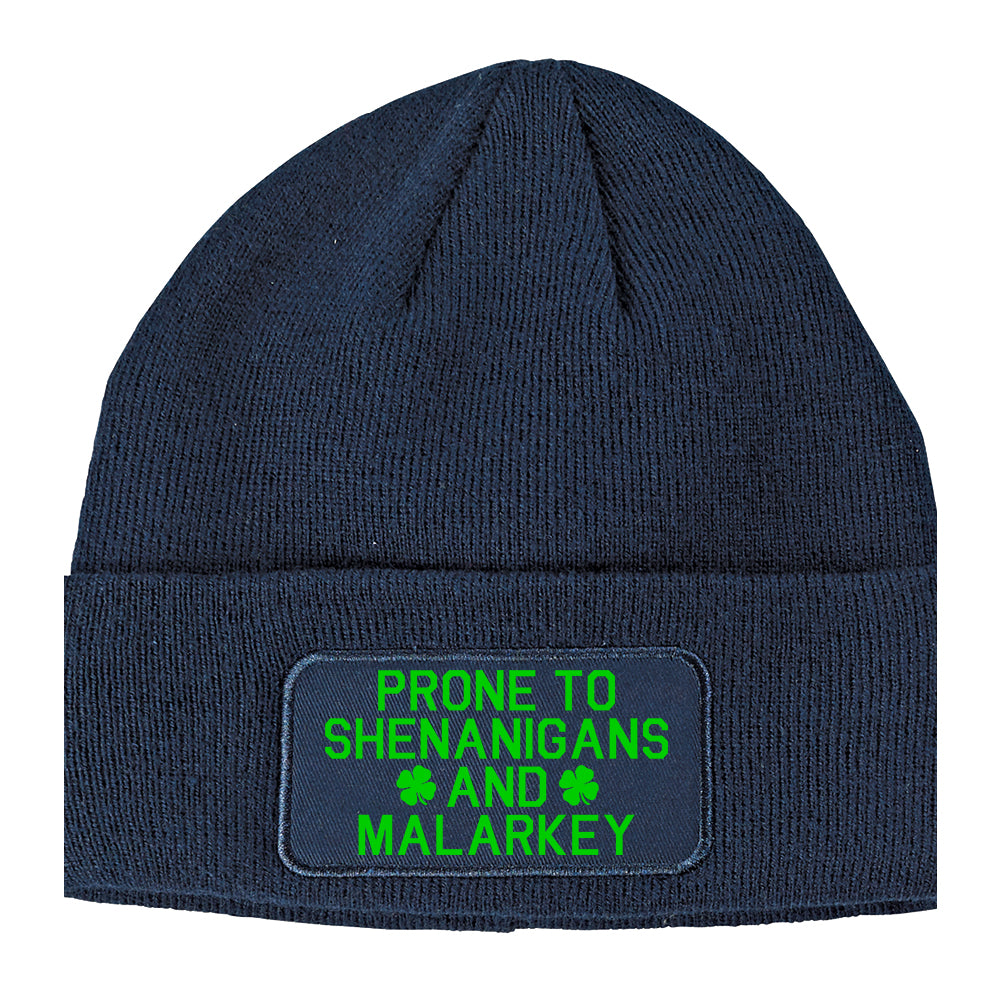 Green Prone To Shenanigans And Malarkey Winter Knit Adult Beanie Hat Navy Blue