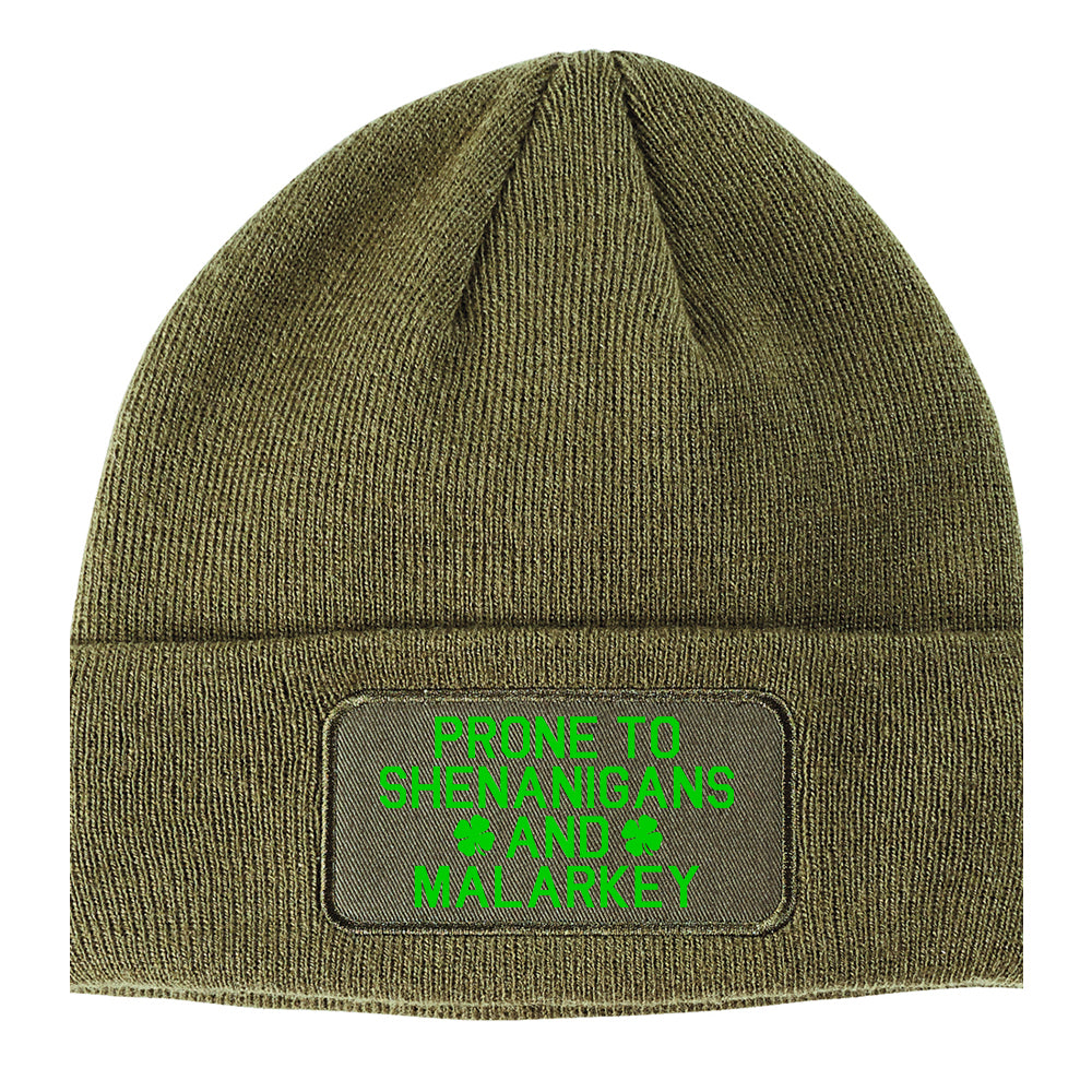 Green Prone To Shenanigans And Malarkey Winter Knit Adult Beanie Hat Olive Green