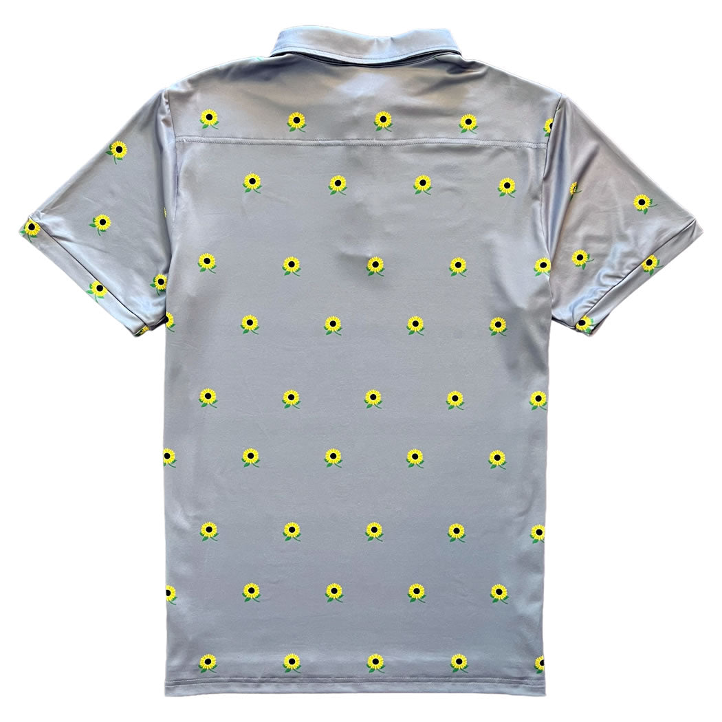Grey Sunflower Floral Men's Polo Golf Shirt Back