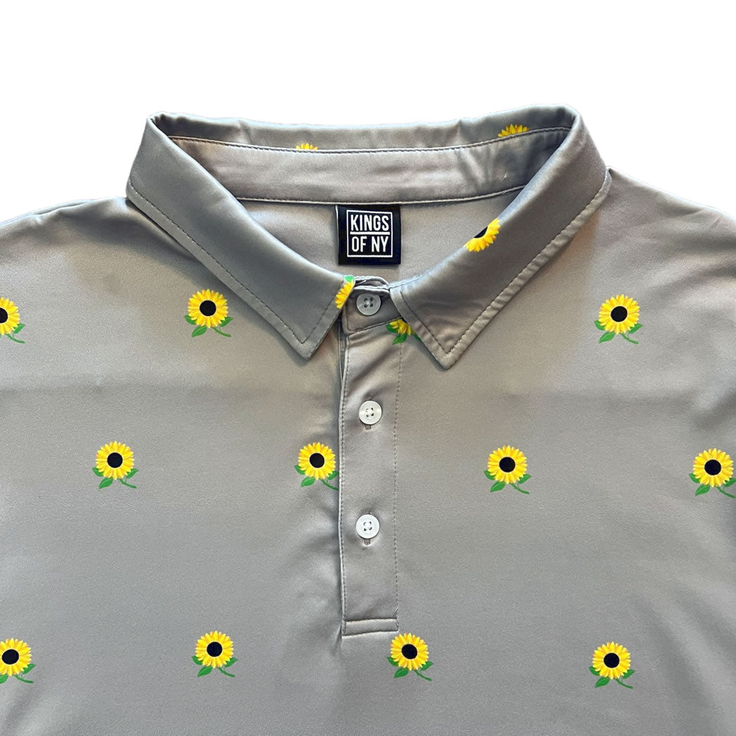 Grey Sunflower Floral Men's Polo Golf Shirt Brand Label