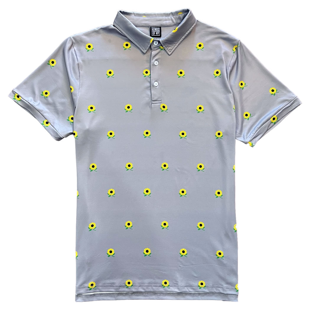 Grey Sunflower Floral Men's Polo Golf Shirt
