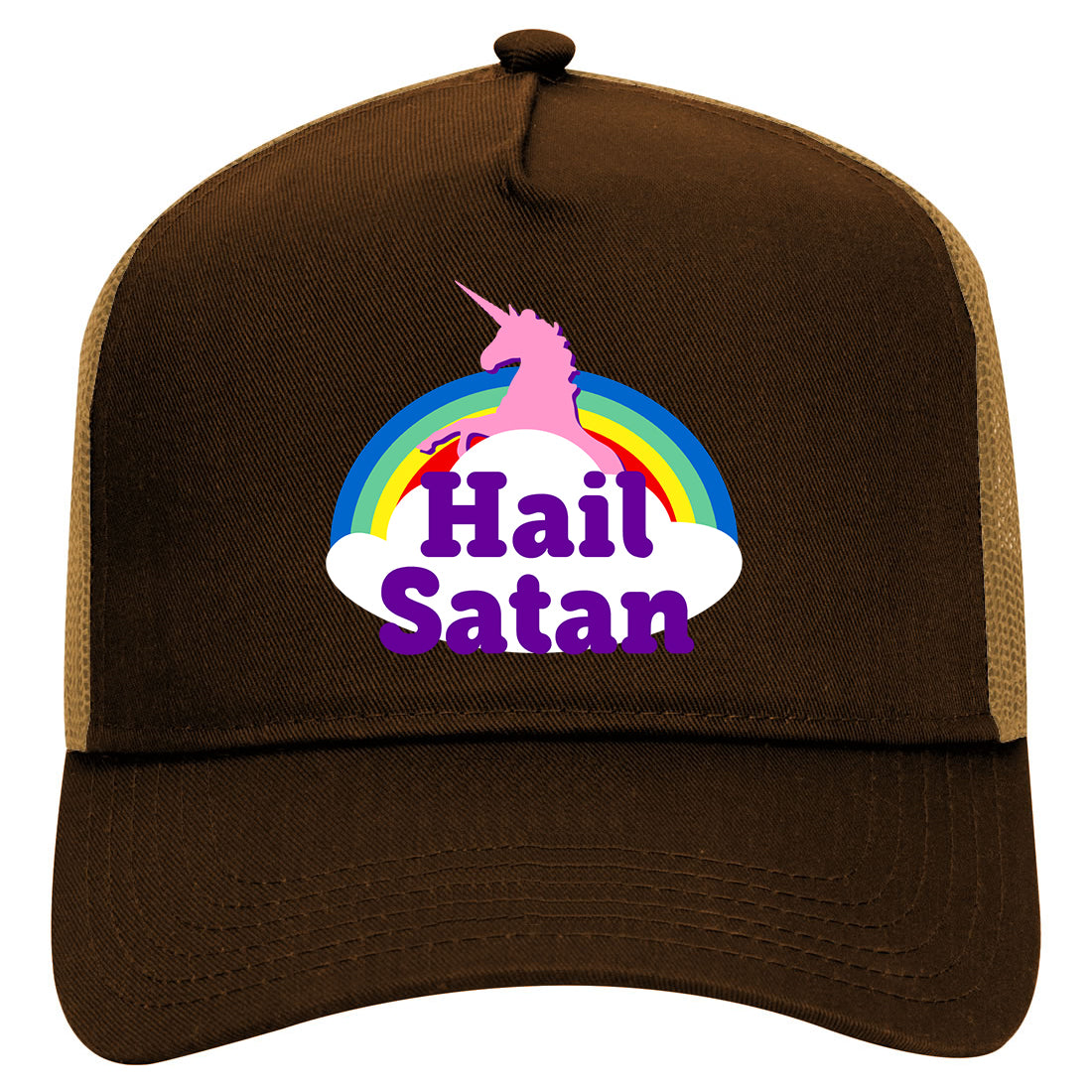 Hail Satan Unicorn Mens Mesh Trucker Hat Brown