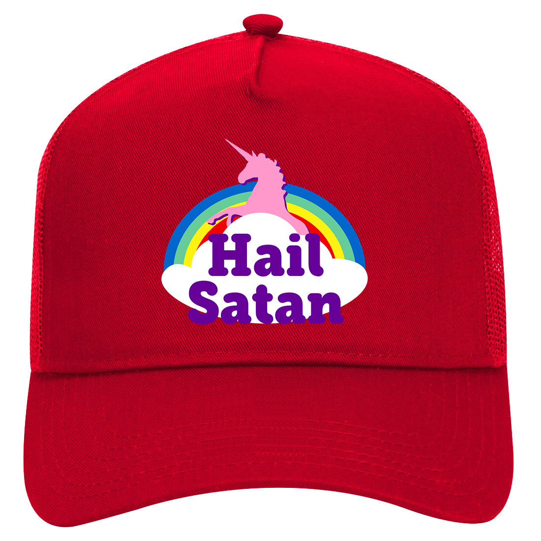 Hail Satan Unicorn Mens Mesh Trucker Hat Red