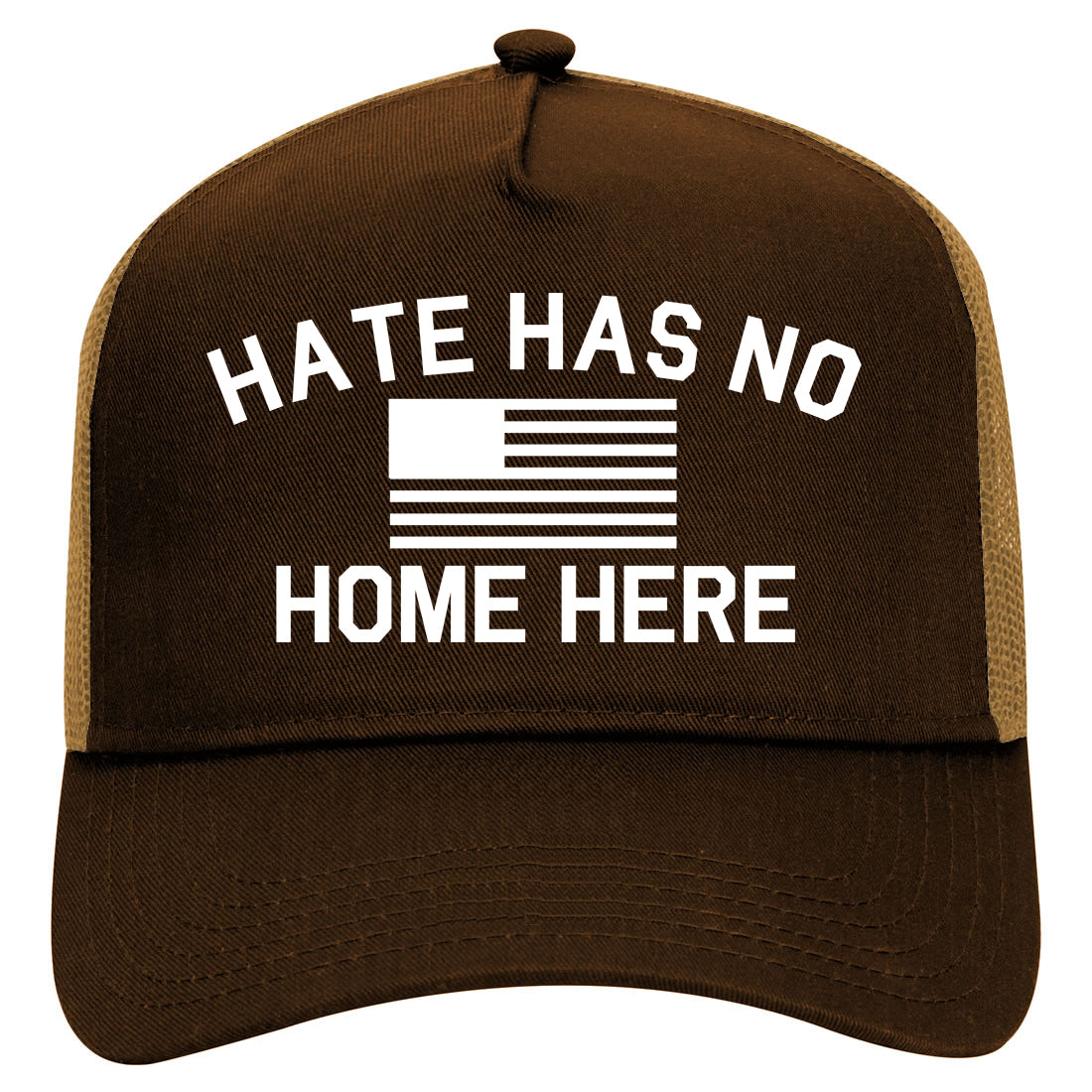 Hate Has No Home Here America Flag Mens Mesh Trucker Hat Brown